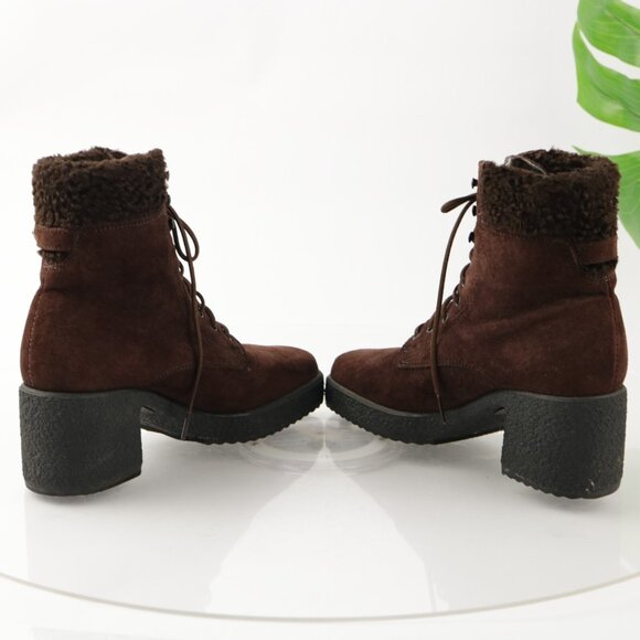 VTG Kamouraska Boot Size 6 Brown Suede Block Heel Lace Up Fur Collar Bootie - Picture 6 of 13